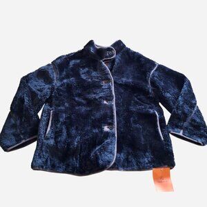 Women's black faux fur coat, brown piping, size Large.